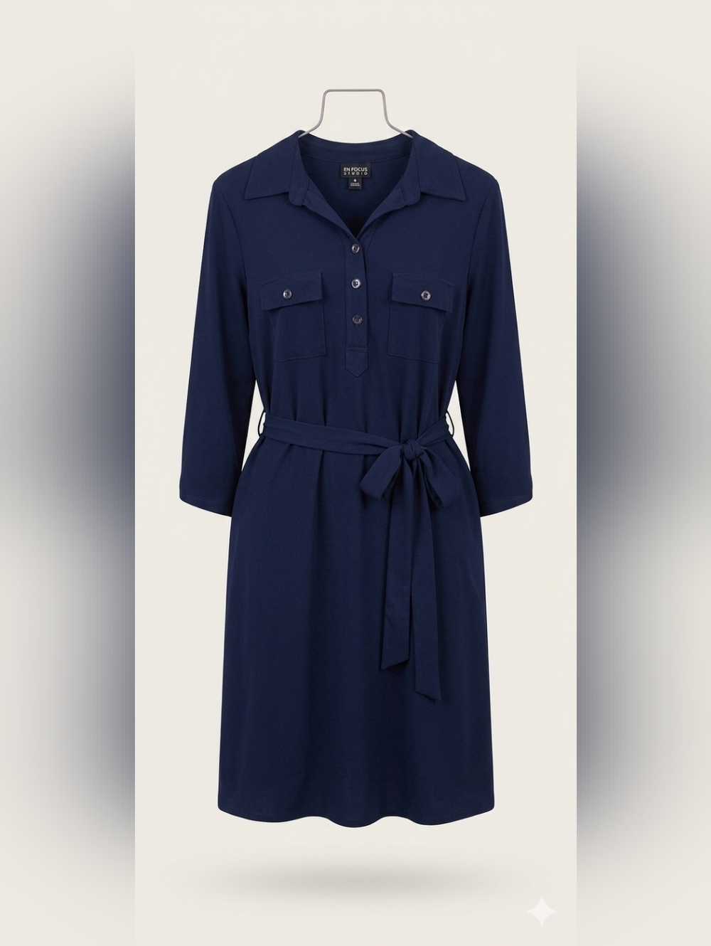Enfocus Studio Navy Belted Midi Shirt Dress